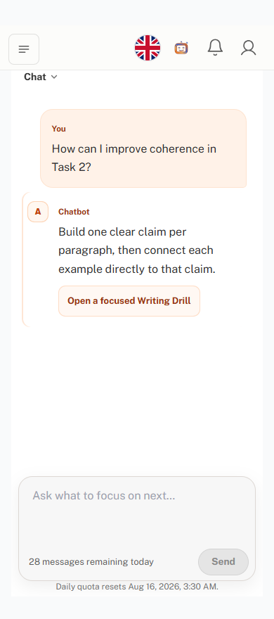 Mockaz mobile chat showing a practice question, AI guidance and the message composer
